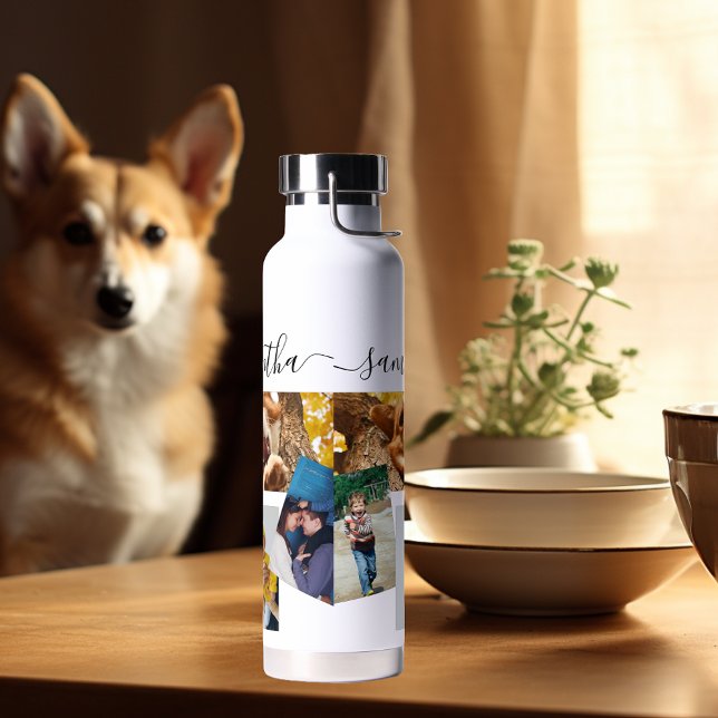 Photo Collage Family Pets Gift  Monogram  Water Bottle (Creator Uploaded)