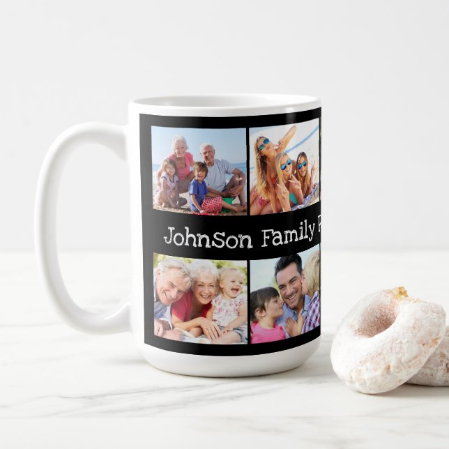 Photo Collage Family Reunion Personalised Black Coffee Mug (With Donut)