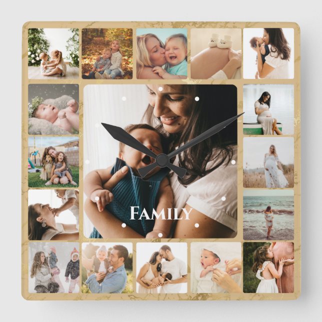 Photo Collage Family Simple Frame Square Wall Clock (Front)
