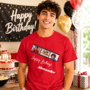 Photo collage film name birthday guy red T-Shirt