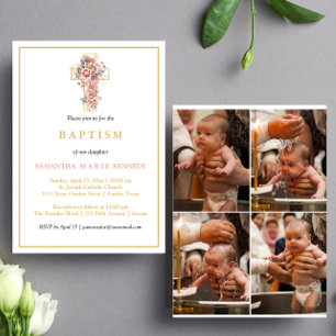 Photo Collage Floral Cross Gold Script Baptism Invitation
