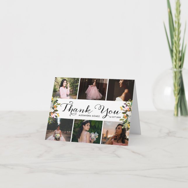 Photo Collage Floral Quince Thank You Card (Front)