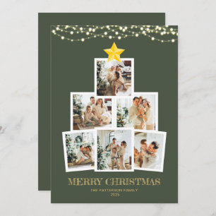 Photo Collage Forest Green String lights Christmas Holiday Card