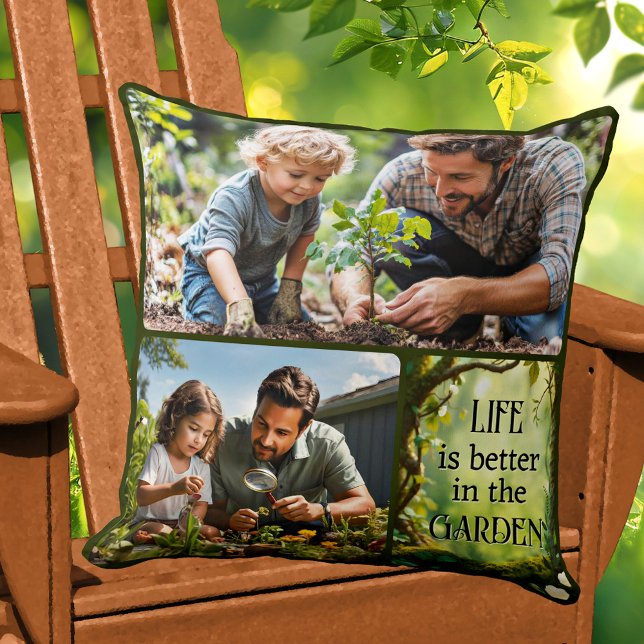 Photo Collage Fun Garden  Cushion (Pillow featuring a family photo collage with a green garden theme)
