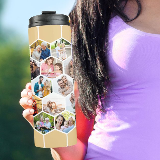 Photo Collage Geometric Hexagon 28 Picture Tall Thermal Tumbler (Photo travel tumbler with 28 of your favorite pics and honey beige hexagon honeycomb pattern)