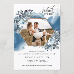 Photo Collage, Geometrical Blue Virtual Wedding Invitation