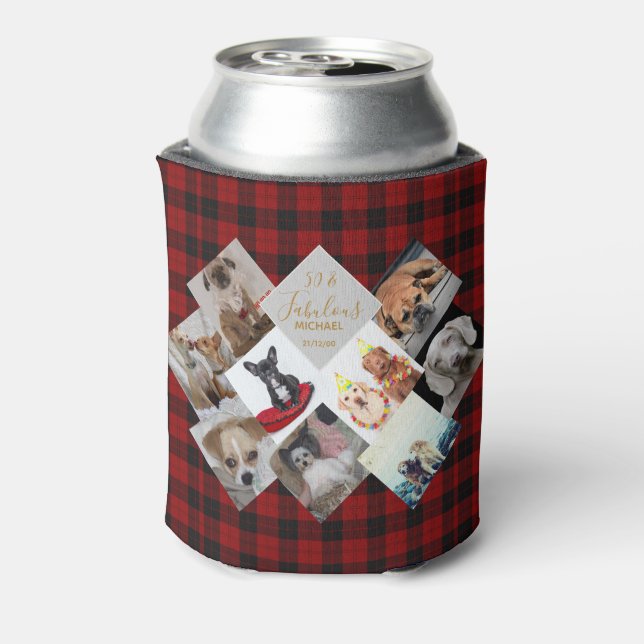 Photo Collage Gift - Buffalo Plaid Theme -Add Text Can Cooler (Can Back)