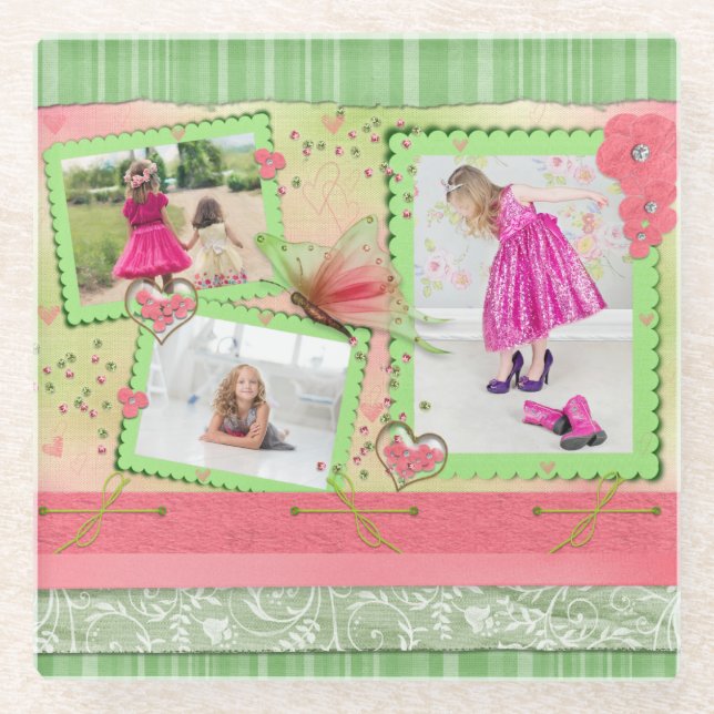 Photo Collage Girls Scrapbook Custom Glass Coaster (Front)