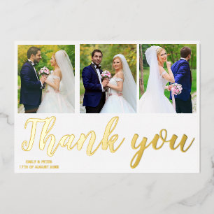 Photo collage gold foil wedding thank you card