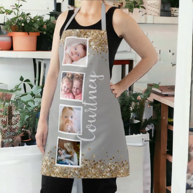 photo collage gold glitter grey custom name apron (Creator Uploaded)