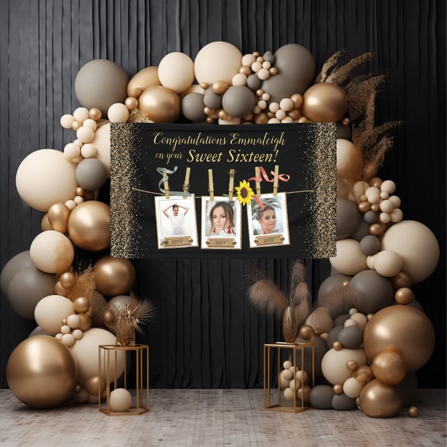 Photo Collage Gold Glitter Sweet 16 Birthday Banner (Creator Uploaded)
