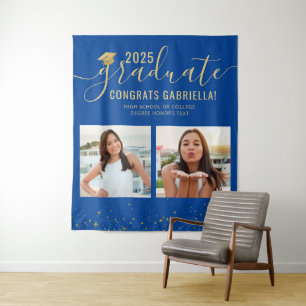 Photo Collage Graduation Booth Backdrop Blue Tapestry