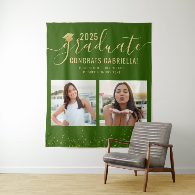 Photo Collage Graduation Booth Green Backdrop Tapestry (In Situ)