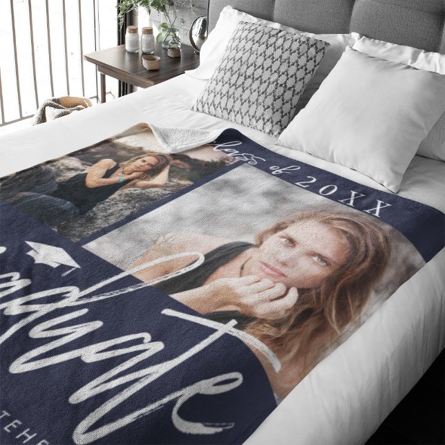 Photo Collage Graduation Fleece Blanket Navy Blue (Celebrate your graduate's milestone with our cozy, custom fleece blanket. )