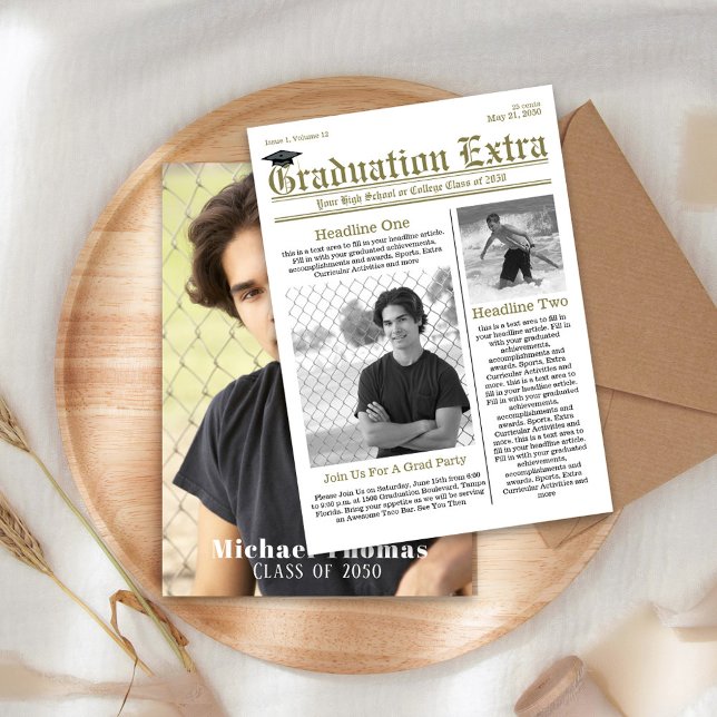 Photo Collage Graduation Modern Gold Typography Invitation (Graduation photo invitation announcement with unique Newspaper print template. )