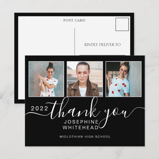 Photo Collage Graduation Thank You 2022 Black Postcard (Front/Back)