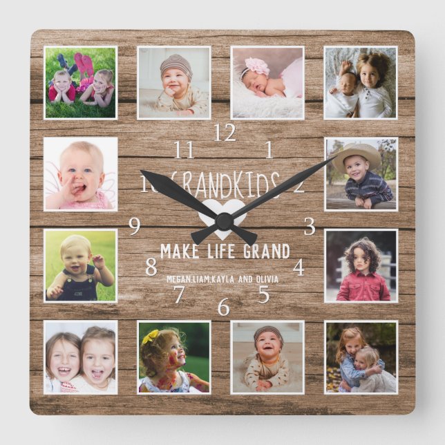 Photo Collage Grandkids Make Life Grand Quote Wood Square Wall Clock (Front)