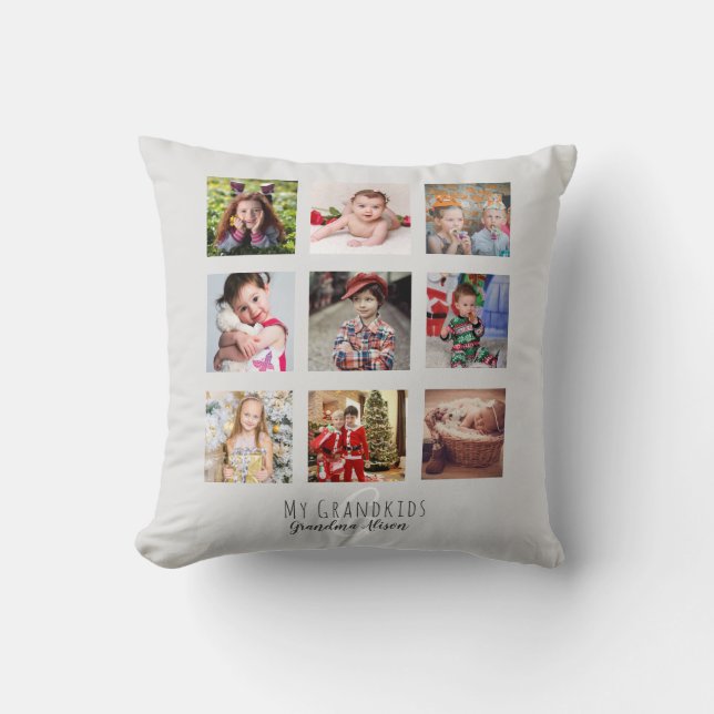 Photo Collage Grandmas Grandkids Monogram Grey Cushion (Front)