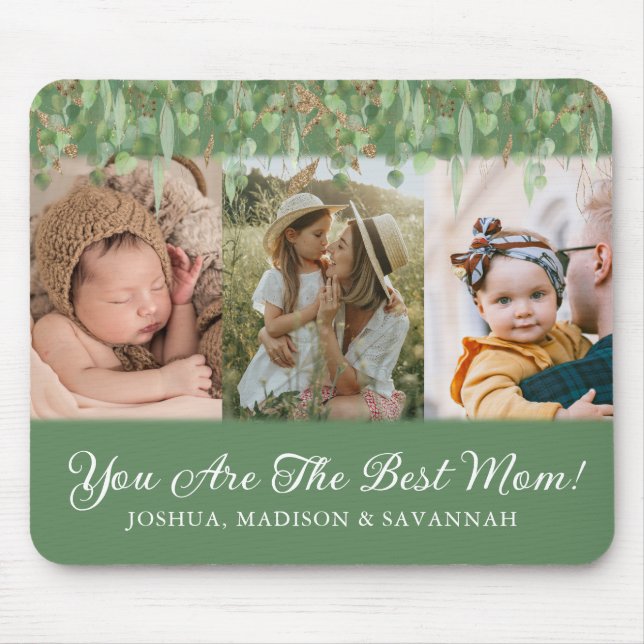 Photo Collage Green and Gold Best Mum Mouse Mat (Front)