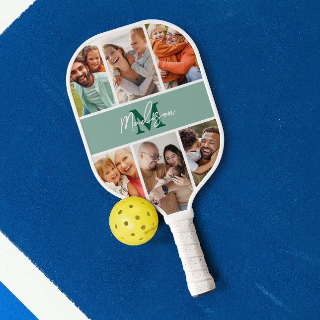 Photo Collage Green Monogram Pickleball Paddle (Creator Uploaded)