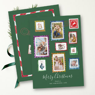Photo Collage Green Vintage Stamp Family Christmas Holiday Card