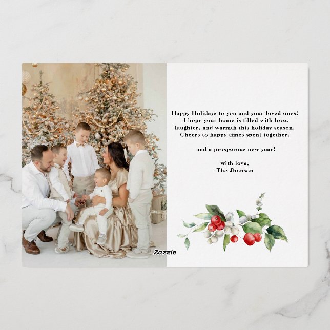 Photo Collage Handwritten Merry And Bright Foil Holiday Card (Back)