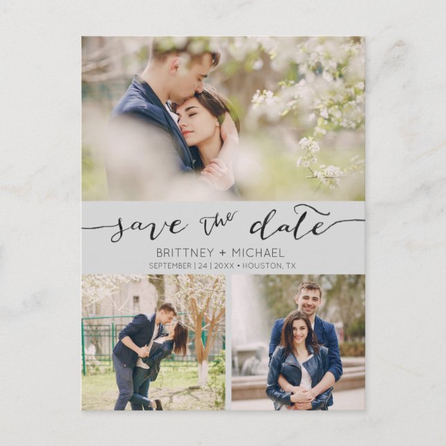 Photo Collage Handwritten Save the Date Grey Announcement Postcard (Front)