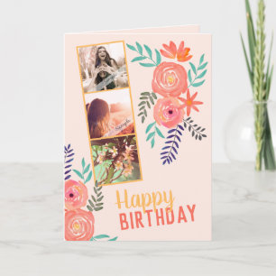 Photo Collage "Happy Birthday" Pink Coral Roses Card