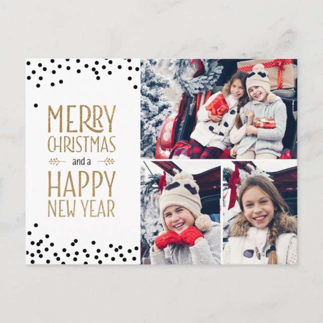 Photo Collage Holiday Card Design White Black Gold (Front)