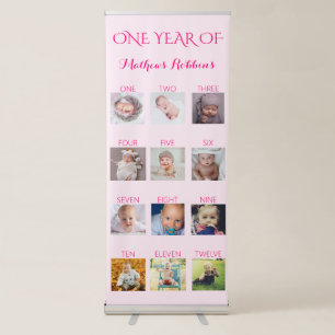 Photo Collage Hot Pink 1st Birthday Milestone Retractable Banner