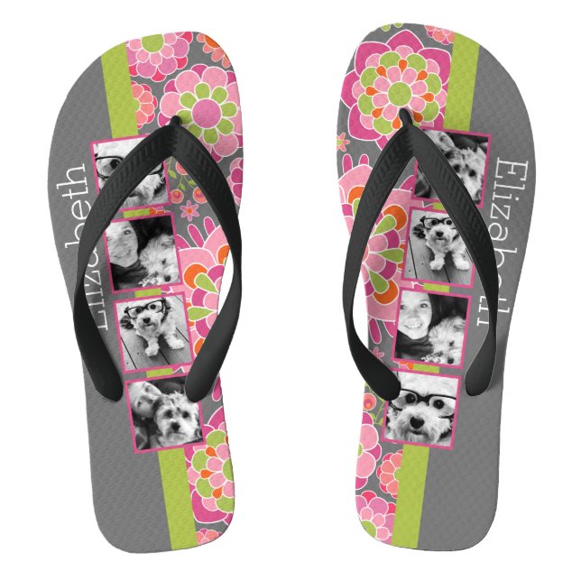 Photo Collage Hot Pink and Orange Flowers Flip Flops (Footbed)