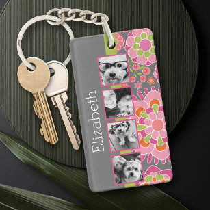 Photo Collage Hot Pink and Orange Flowers Key Ring
