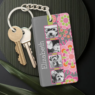 Photo Collage Hot Pink and Orange Flowers Key Ring