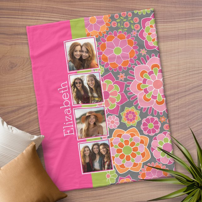 Photo Collage Hot Pink Orange Funky Flowers Fleece Blanket (Personalized Fleece Blanket)