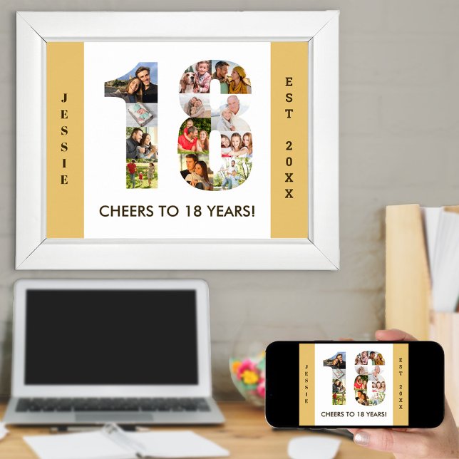 Photo Collage in Number 18 Neutral 18th Birthday Poster (Creator Uploaded)
