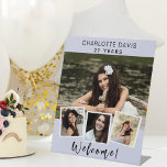 Photo collage lavender birthday party welcome pedestal sign<br><div class="desc">Create your own unique photo collage. Use four,  4 of your favourite photo. Personalise and add a name and age. Lavender,  violet coloured background,  black text.</div>