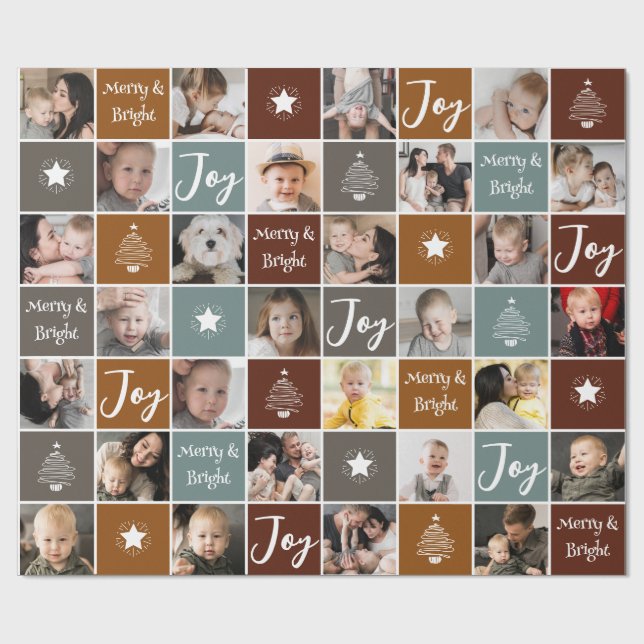 Photo Collage Merry & Bright Christmas Wrapping Paper (Flat)