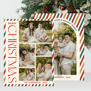 Photo Collage Merry Christmas Arch Retro Stripes  Holiday Card