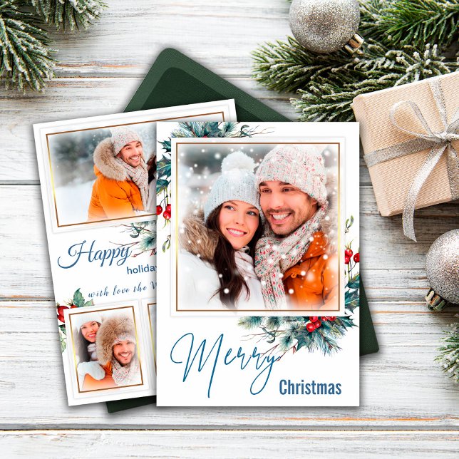 Photo Collage Merry Christmas Blue Style Wish Card (Creator Uploaded)
