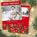 Photo collage Merry Christmas red green retro tree Holiday Card<br><div class="desc">Photo collage Merry Christmas red midcentury retro minimalist style holiday card,  3 picture a horizontal and 2 square with personalised greeting text editable template invitation instant digital download,  green retro Christmas trees red background</div>