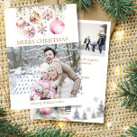 Photo collage Merry Christmas white rose gold boho Holiday Card<br><div class="desc">Photo collage Merry Christmas pastel colours white and rose gold Christmas baubles and snowflakes  holiday card,  3 picture a horizontal and 2 square with personalised greeting text editable template invitation instant digital download,  watercolor rose gold baubles snowflakes  holiday greetings photo card</div>