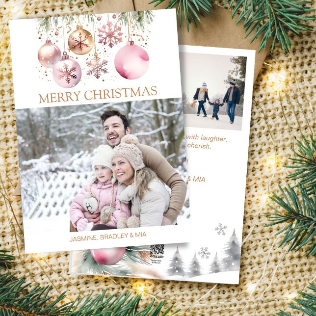 Photo collage Merry Christmas white rose gold boho Holiday Card (Photo collage Merry Christmas white rose gold boho Holiday Card pastel rose gold baubles snowflakes)