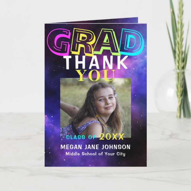 Photo collage middle school year graduation neon thank you card (Front)
