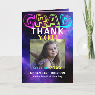 Photo collage middle school year graduation neon thank you card