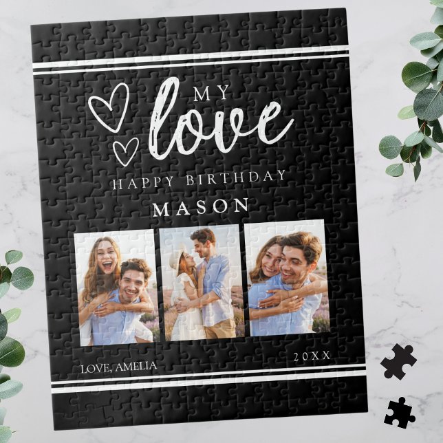 Photo Collage Modern Black Happy Birthday Jigsaw Puzzle (Photo Collage Modern Black Happy Birthday Jigsaw Puzzle)