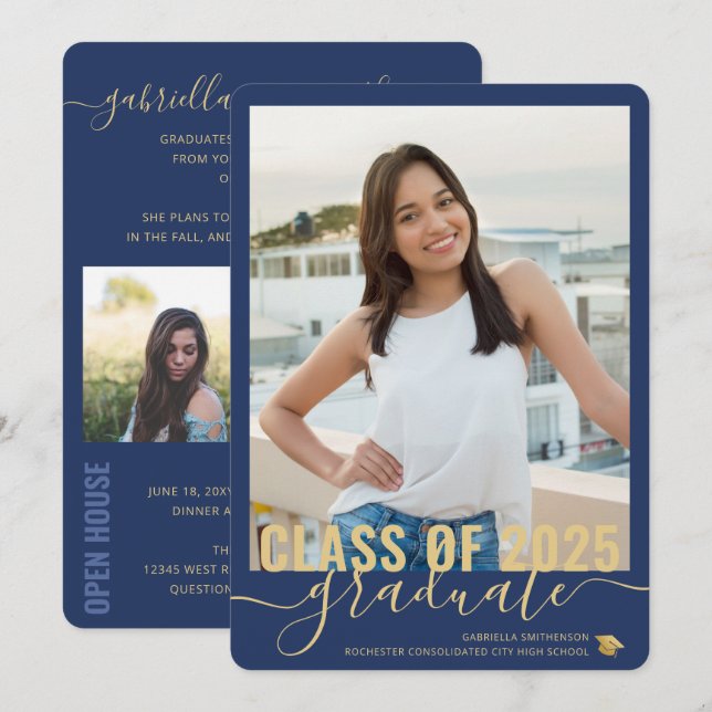 Photo Collage Modern Blue Graduation Open House Announcement (Front/Back)