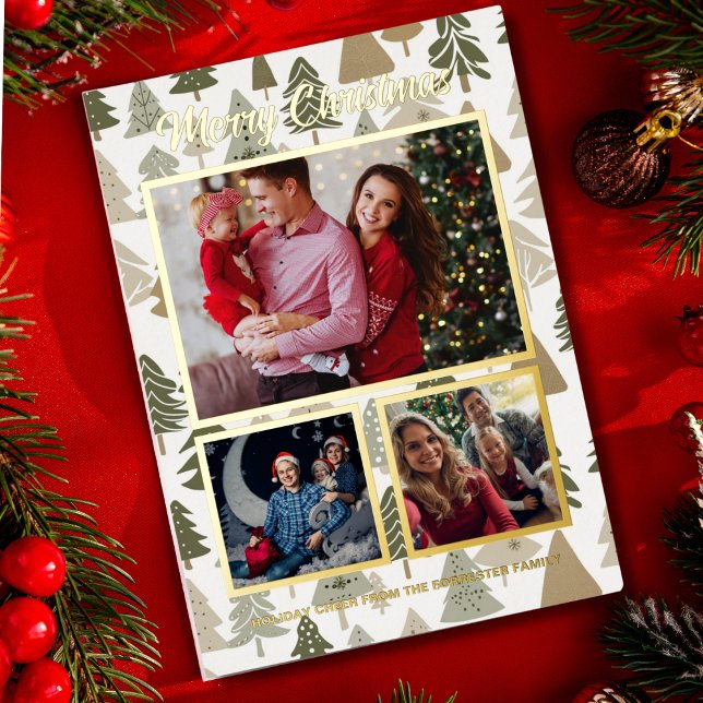 Photo collage modern Christmas trees Foil Holiday Card (Creator Uploaded)