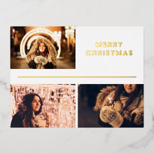 Photo Collage Modern Merry Christmas Gold Foil Holiday Postcard
