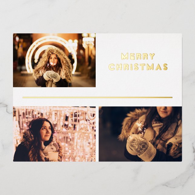 Photo Collage Modern Merry Christmas Gold  Foil Holiday Postcard (Front)