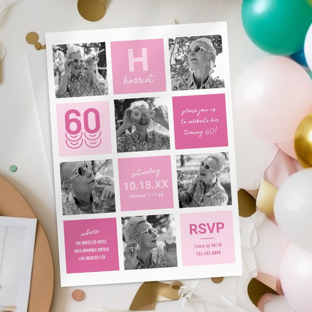 Photo Collage Modern Pink 60th Birthday Invitation (Creator Uploaded)